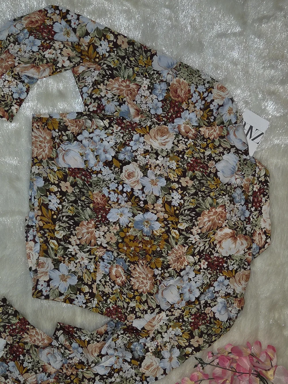 Zara Multicolor Floral Mesh Long-Sleeve Crop Top